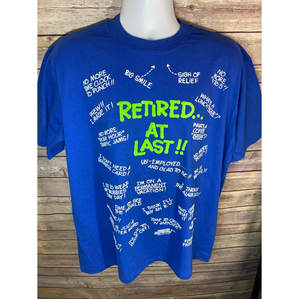 VINTAGE 1991 Retirement Graphic T-Shirt — XL Blue Hanes 50/50